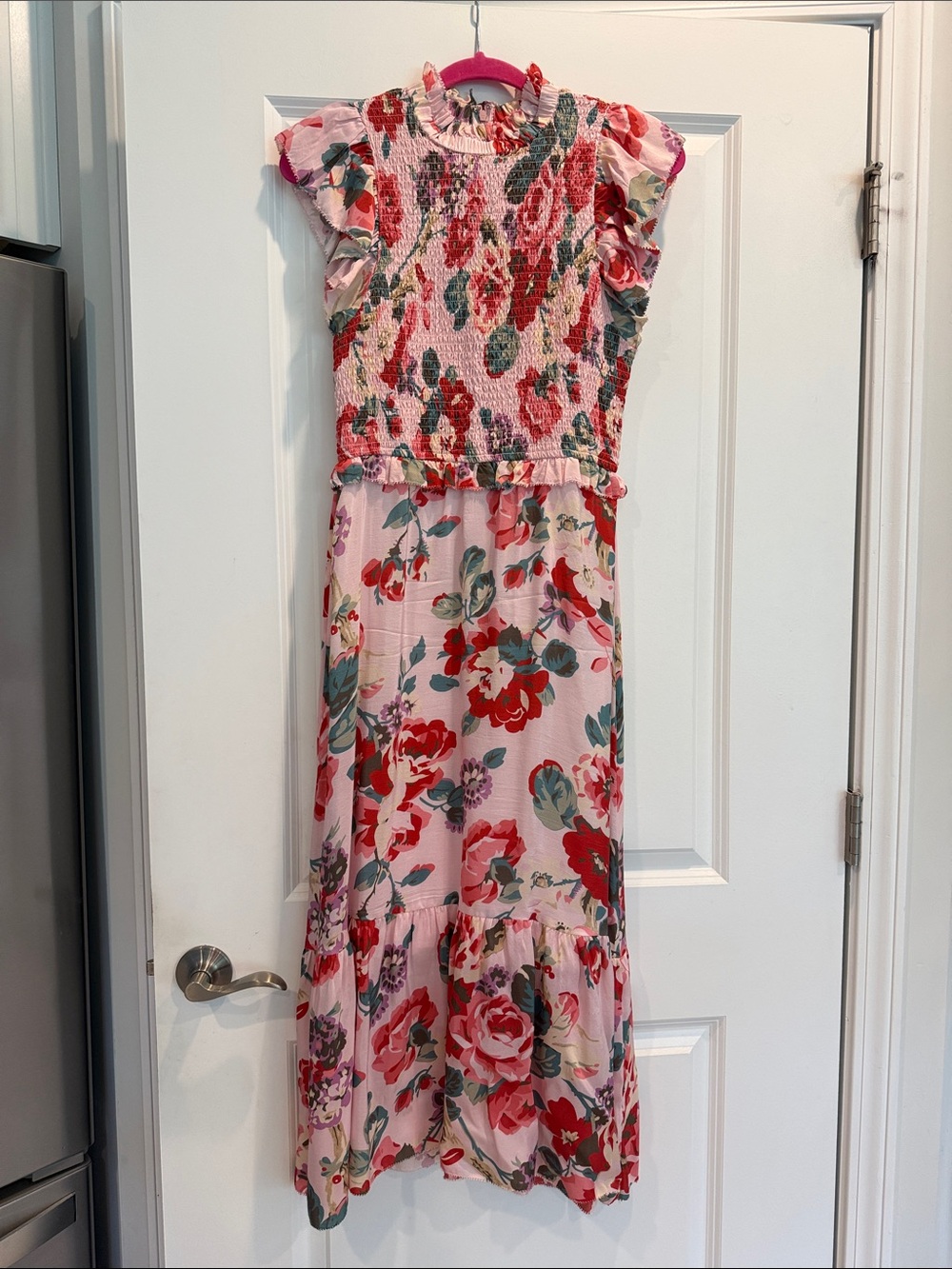 Tuckernuck Pink Floral Maxi Dress with Green and Red Accents